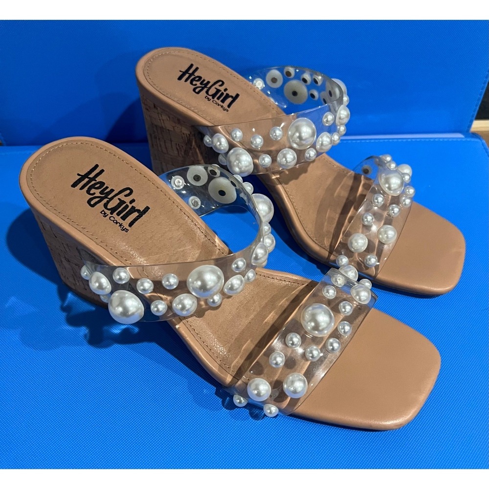 Hey Girl by Corkys Pearl Embellished Clear Strap Cork Block Heel Sandals Tan Sz8